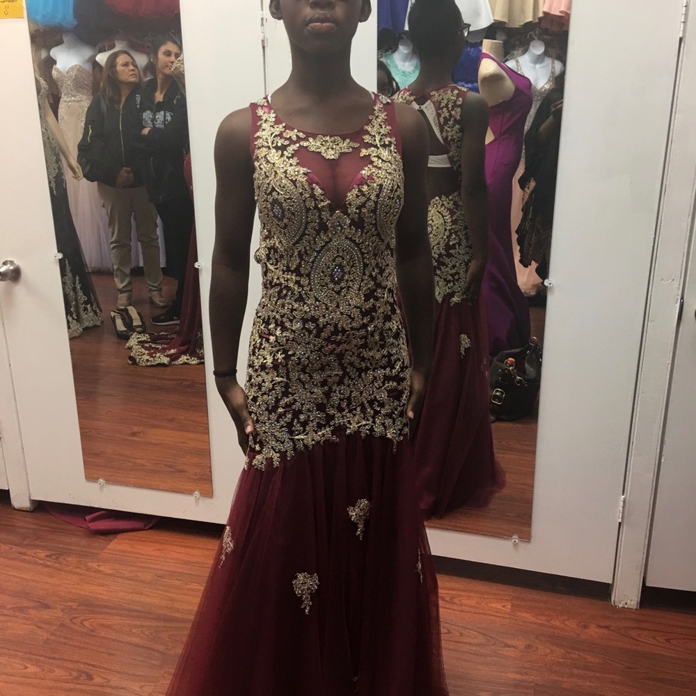 Red Maroon Gold Mermaid Prom Dress